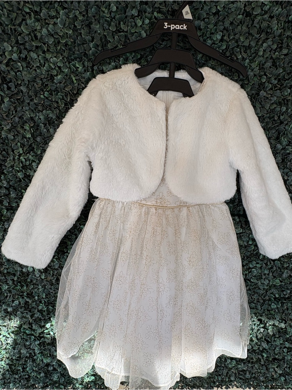 Rare Editions Ivory Dress with Gold Glitter Pattern and Faux Fur Jacket
